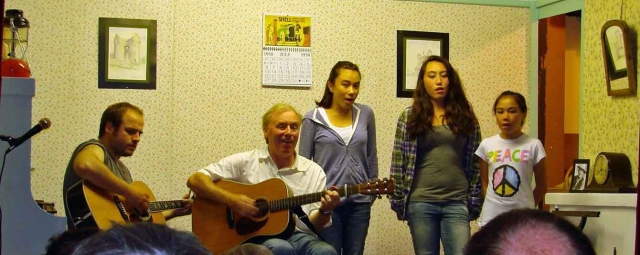 Eoin Scott & Michael Black with Maebh, Ciara and Catriona Black entertaining the audience after the play. Photo: Stephen Ryan